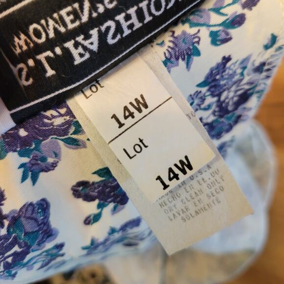 Vintage 80s Blue White Floral Midi Dress, Shoulder Pads Lace Pockets, 14W - Picture 6 of 7